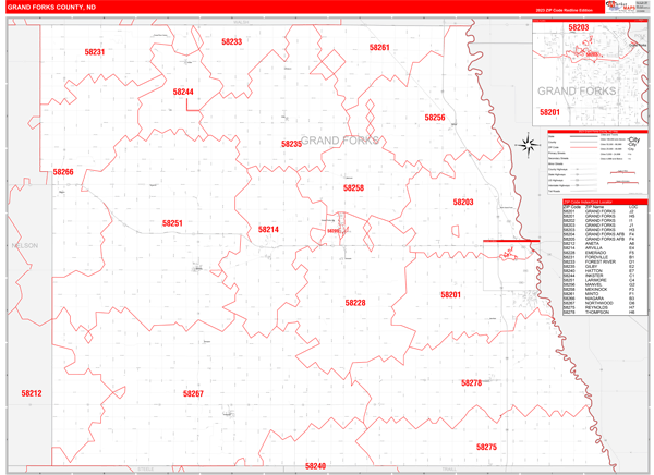 Grand Forks County, ND Zip Code Wall Map